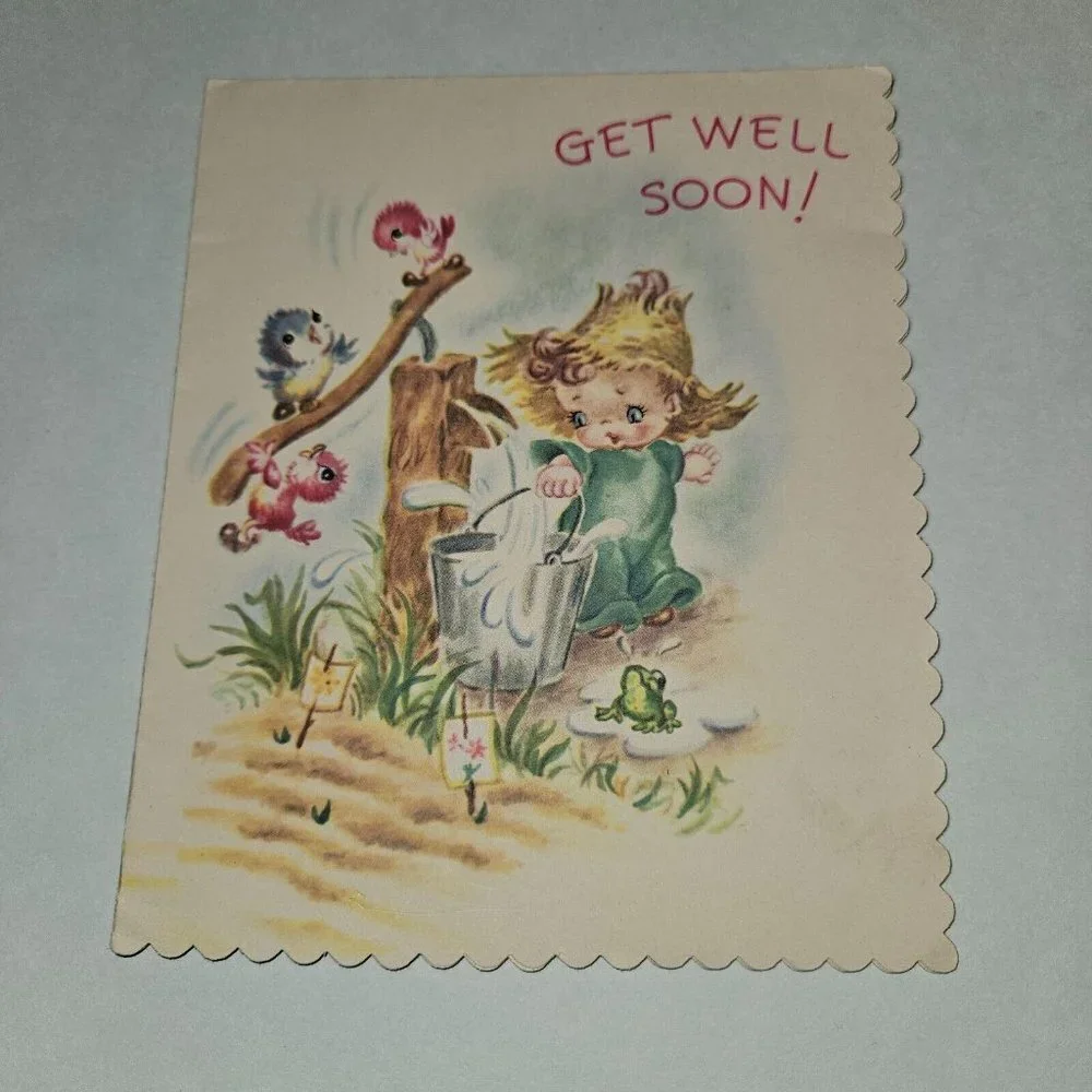 VTG Get Well Soon Greeting Card Boy Bird Water Scalloped Harry Doehla NEVER USED